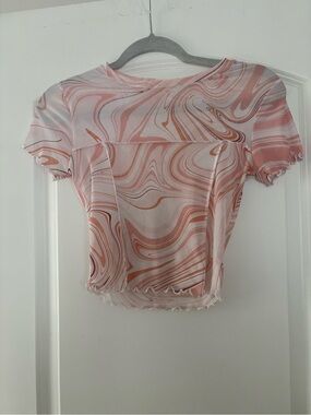 Women’s Pink Swirl Mesh Ruffle Hem Crop Top